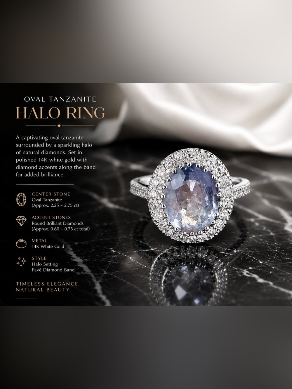 Oval Tanzanite Halo Ring in 14K White Gold